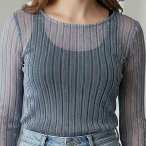 Love Culture Lavender, Blue and Silver Striped Sparkle Mesh Top Size Small